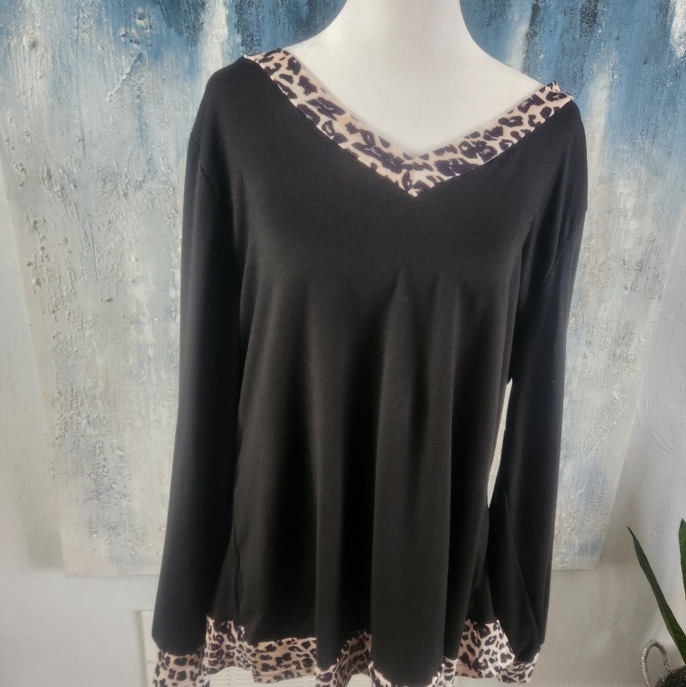 Leopard Trim Black V-Neck Long Sleeve Women's Top